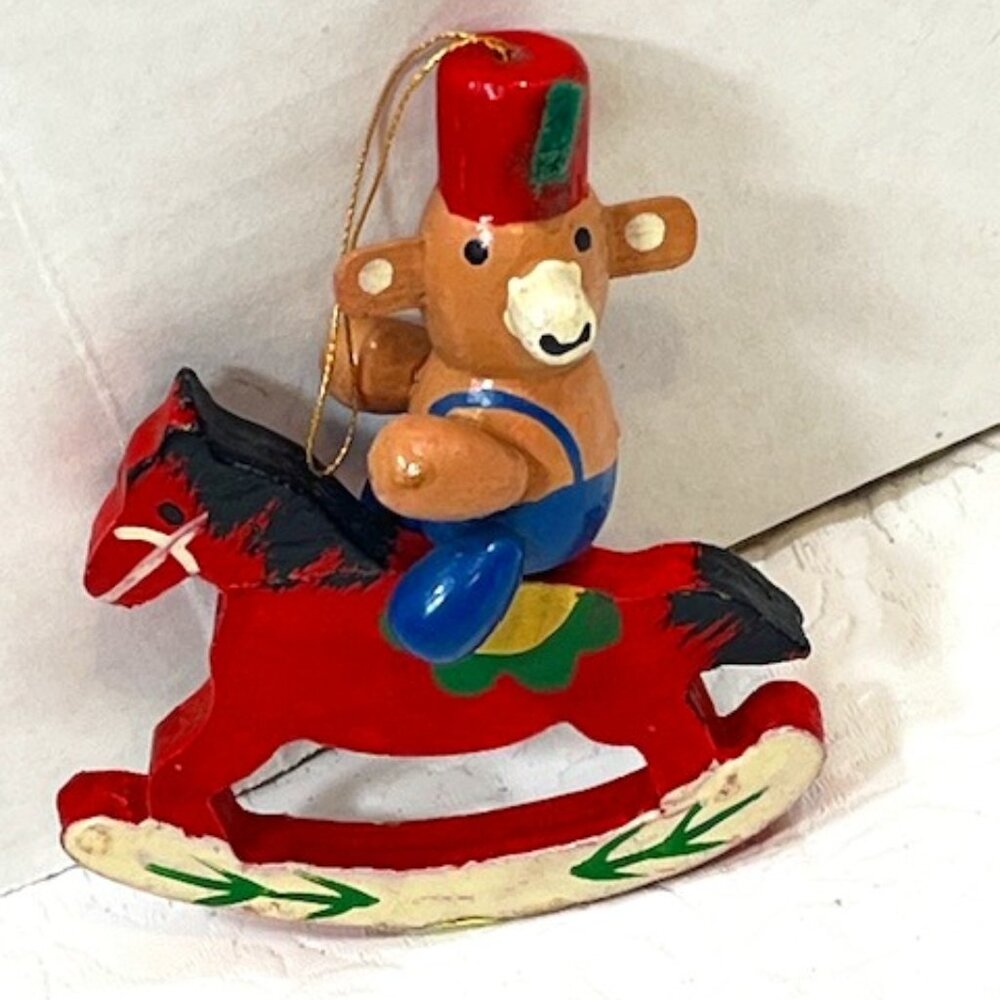 VTG 80's Fez-Wearing Bear on Rocking Horse Wooden AVON Christmas Ornament